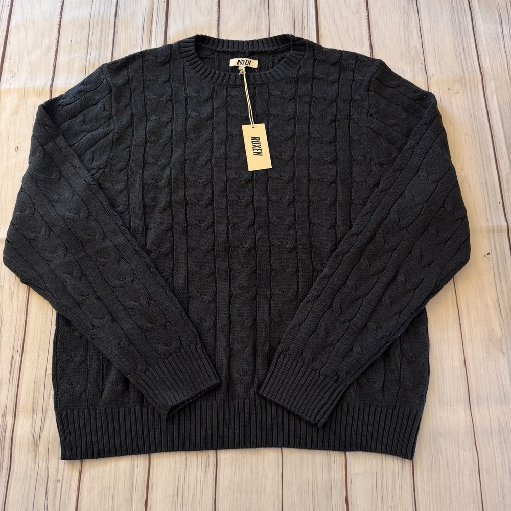 Ruxen‎ Cable Knit Crewneck Sweater Navy Large Cotton Acrylic Textured NWT